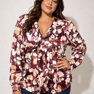 Eloquii Burgundy Floral Satin Blouse 28